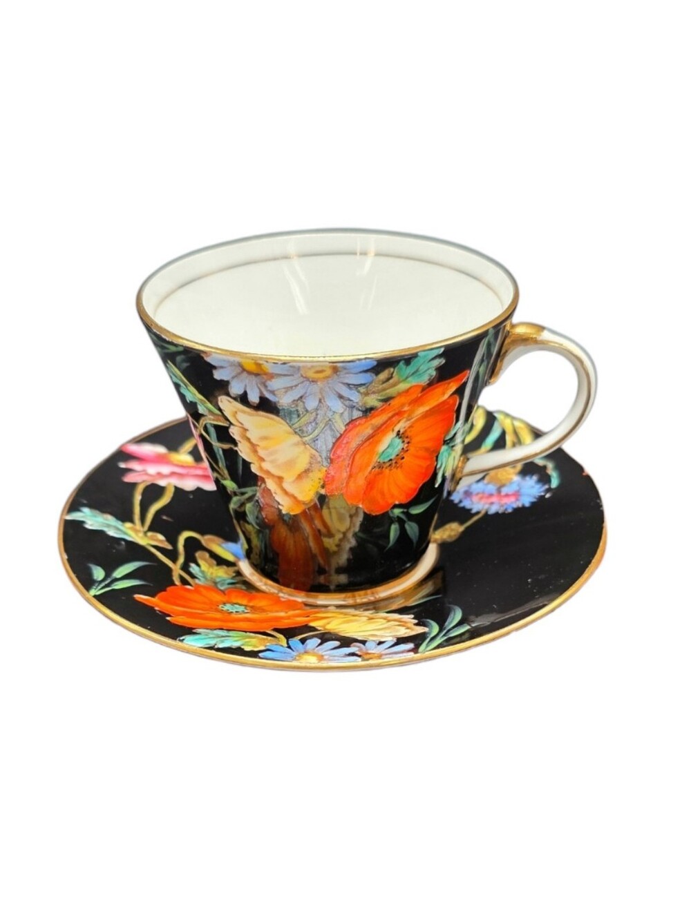 Vintage 1930s Aynsley B4156 Black Floral Bone China Teacup & Saucer